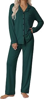 Ekouaer Pajamas Women's Long Sleeve Sleepwear Soft Button Down Loungewear Pjs Lounge Set Nightwear,Dark Green,Medium