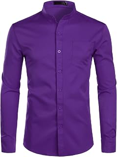 PARKLEES Men's Long Sleeve Grandpa Collar Dress Shirts with Pocket