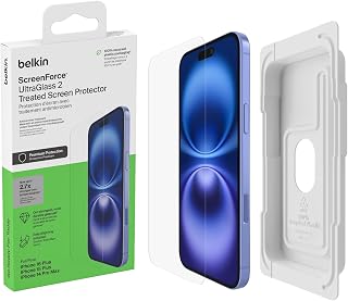 Belkin ScreenForce UltraGlass 2 Screen Protector for iPhone 16 Plus, Anti-Scratch 9H Hardness, Includes Alignment Holder, Screen Protector for iPhone 16 Plus, iPhone 15 Plus, 14 Pro Max