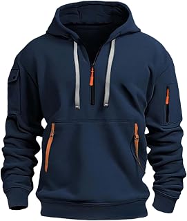 Zfdmmil Men's Quarter Zip Hoodie with Zipped Pockets | Pullover hoodie with drawstring hood and practical zipped pockets for casual everyday wear, travel and outdoor activities.