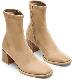Coutgo Botines de vestir para mujer, punta cuadrada, tacón grueso con