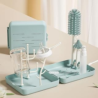 6 in 1 Bottle Cleaning Set, Portable Silicone Bottle Brush Kit with Drying Rack & Storage Case for Travel & Home, Outdoor Essentials (Green)