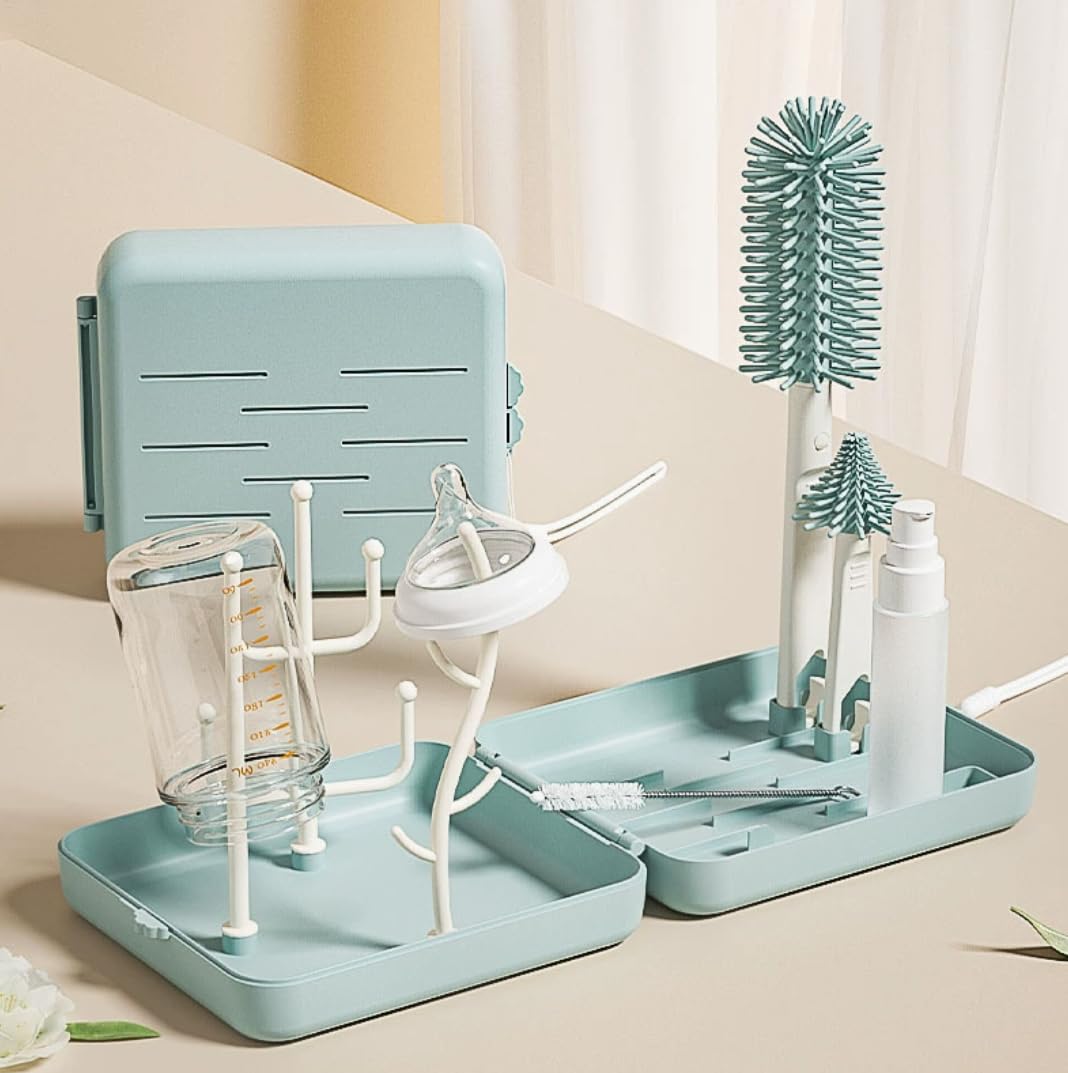 6 in 1 Bottle Cleaning Set, Portable Silicone Bottle Brush Kit with Drying Rack 
