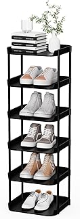 Altdnmaf 6 Tier Vertical Narrow Shoe Rack, Stackable Tall Skinny Shoerack, Compact Single Shoes Storage Tower for Slim Space, Corner Plastic Shelves, for Hallways, Entryway, Bedrooms Organizer, Black