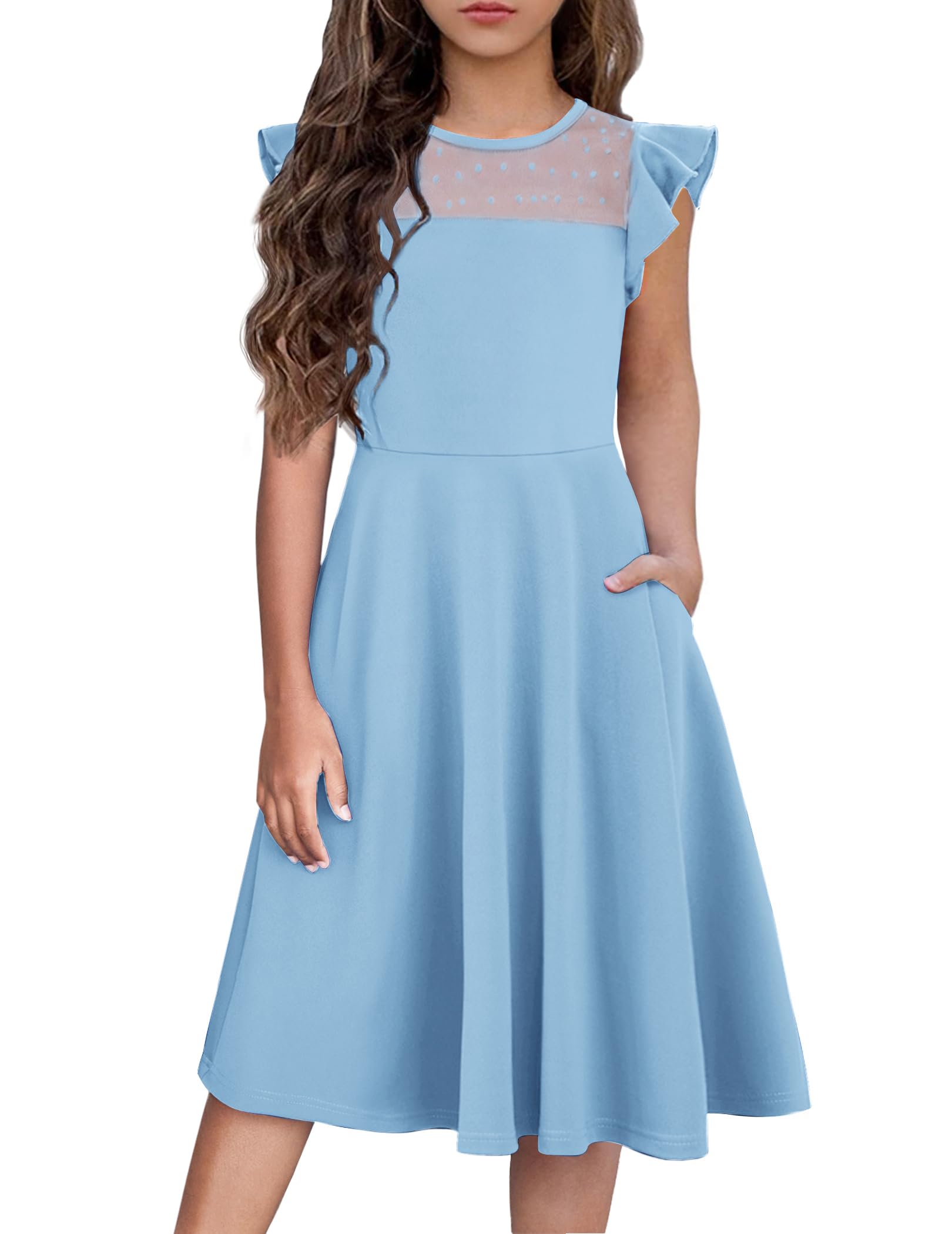 Flypigs Girls Dresses Summer Formal Party Wedding Ruffle Sleeve Mesh Knee Length