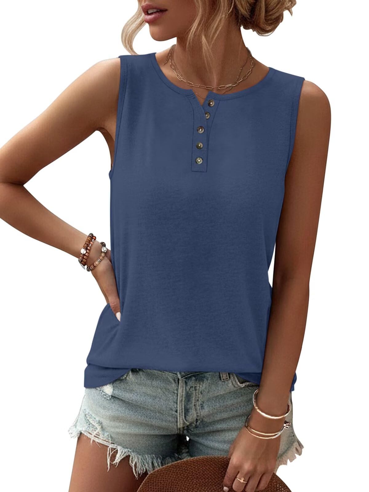 TICTICMIMI Womens Tank Tops 2026 Buttons Spring Summer Sleeveless Tee Henley Shi