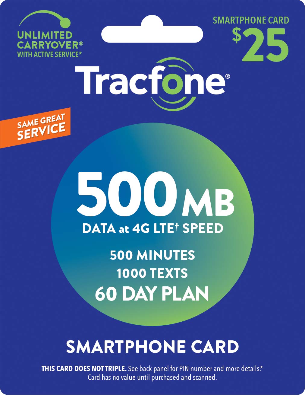Tracfone $25 500 Min, 1000 text, 500MB Data 60–Day Plan [Physical Delivery]