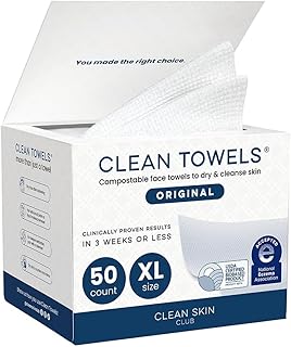 Clean Skin Club Clean Towels XL®, 100% USDA Biobased Face Towel, Disposable Face Towelette, Eczema Association Accepted, Makeup Remover Dry Wipes, Ultra Soft, 1 Pack, 50 Ct