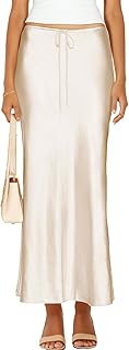 Womens Satin Silk Maxi Skirts Drawstring Flared Casual A-Line Leopard Print Long Skirt for Women