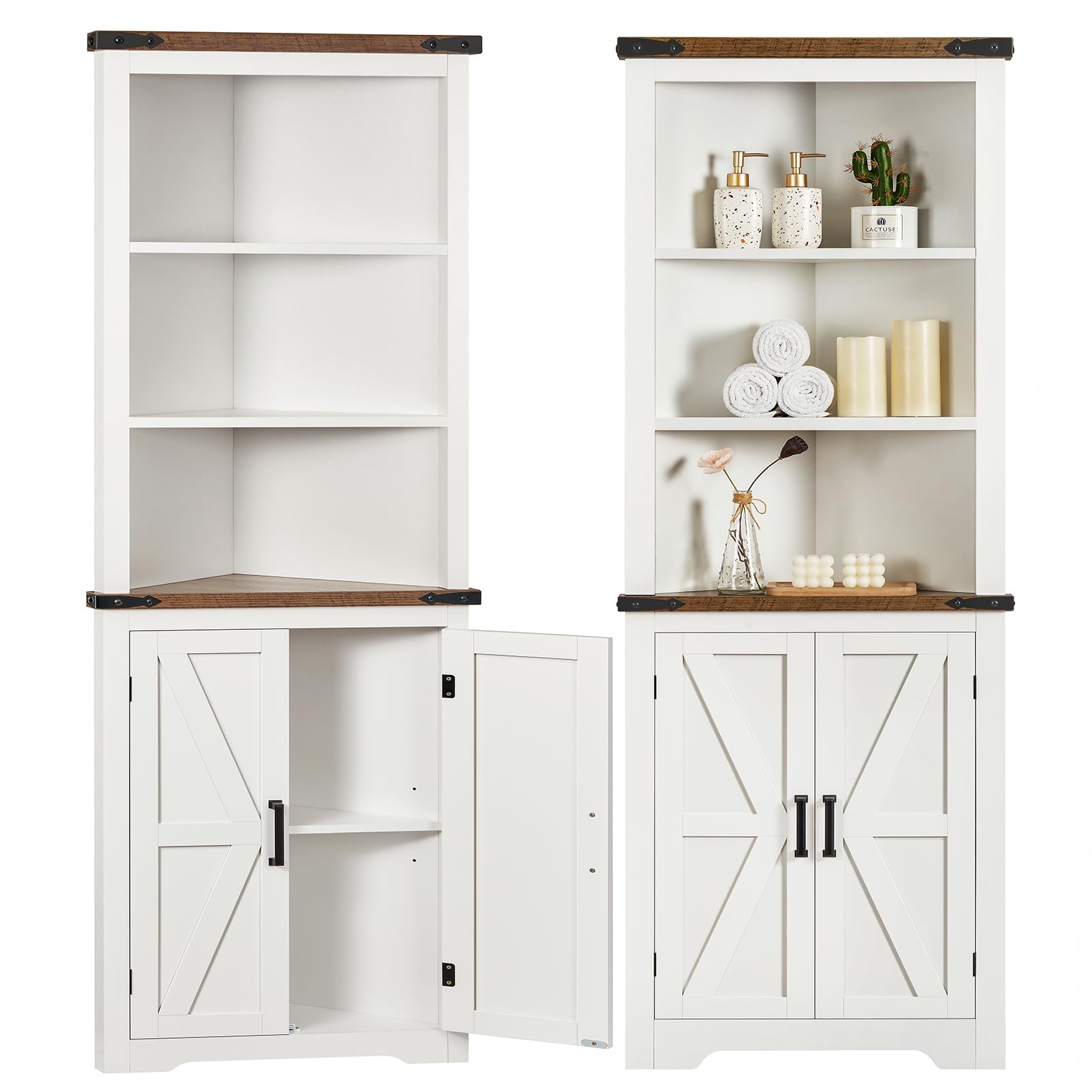 TEENFON Farmhouse Corner Cabinet, 70" H Tall Corner Hutch with 5 Shelves & 2 Bar