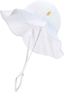 Baby & Toddler Wide Brim Sun Hats UPF 50+ Sun Protection Bucket Cap Cute Adjustable Hat in Seersucker, White Stripe Seersucker, 0-6 Months