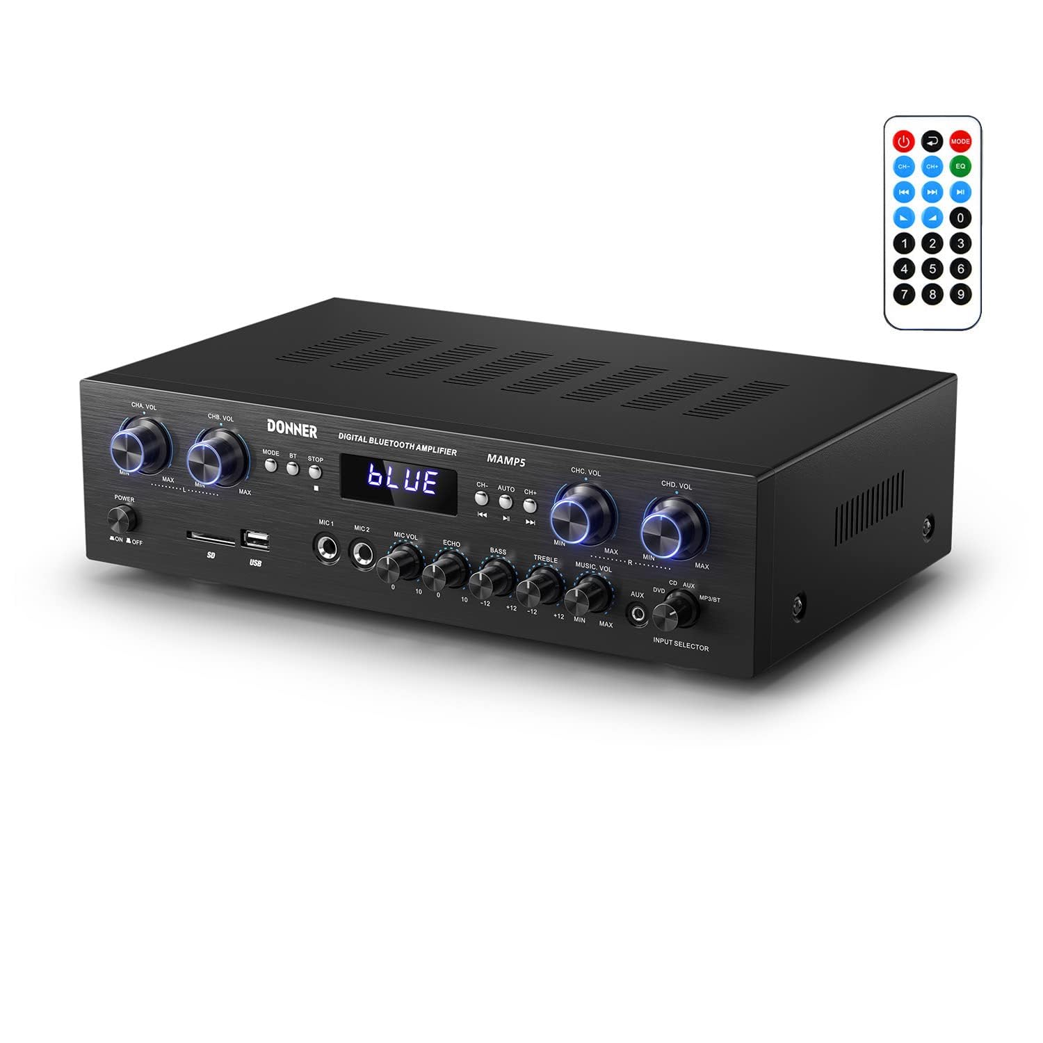 Donner 4 Channel Bluetooth 5.0 Stereo Audio Power Amplifier, 440W Peak Power Hom