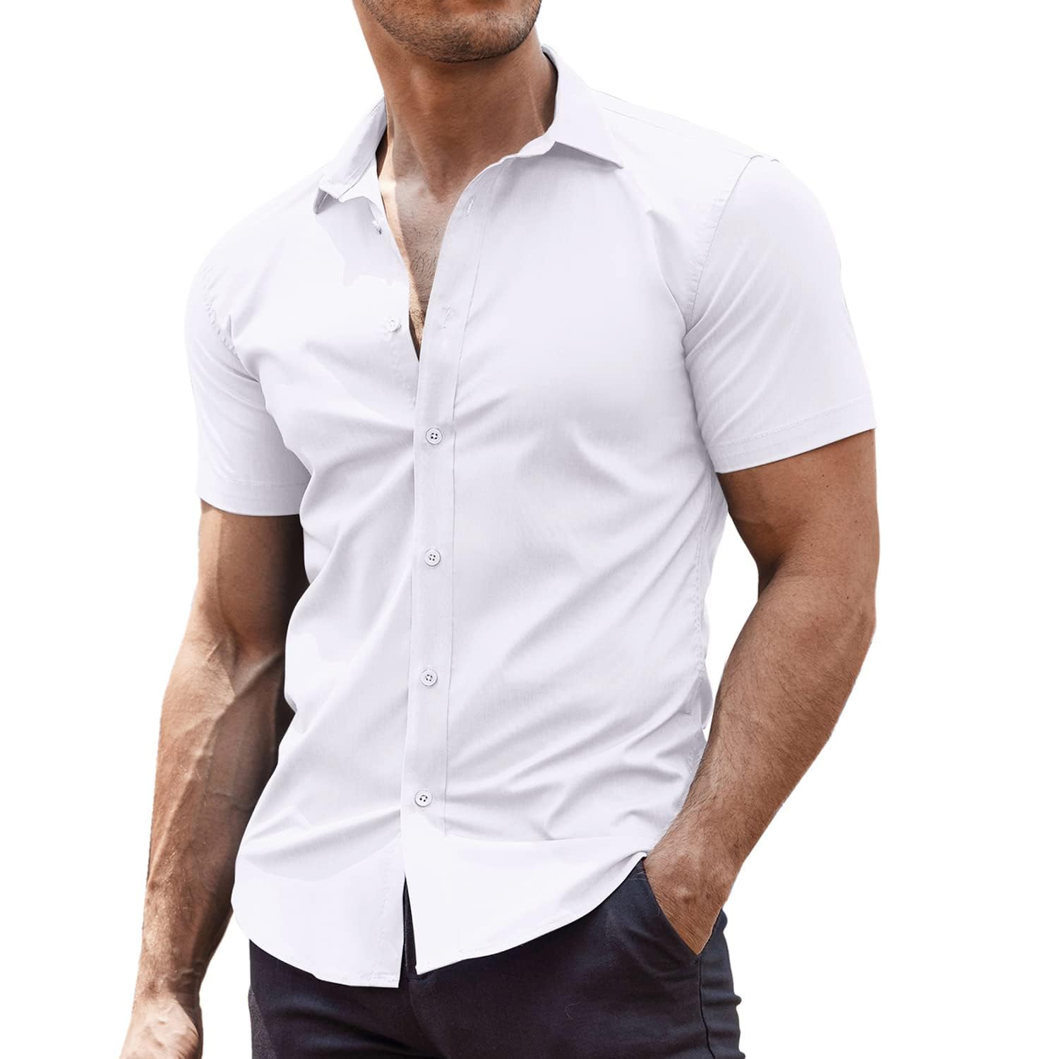 COOFANDY Men's Muscle Fit Dress Shirts Wrinkle-Free Short Sleeve Casual Button D