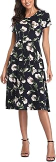 EXCHIC Women's Elegant Floral Midi Dress Short Sleeve Elastic Summer Dress