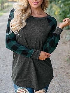 Women's Long Sleeve Plaid Tops Casual Buffalo Plaid Pullover Raglan Sleeve Autumn Fashion Shirt