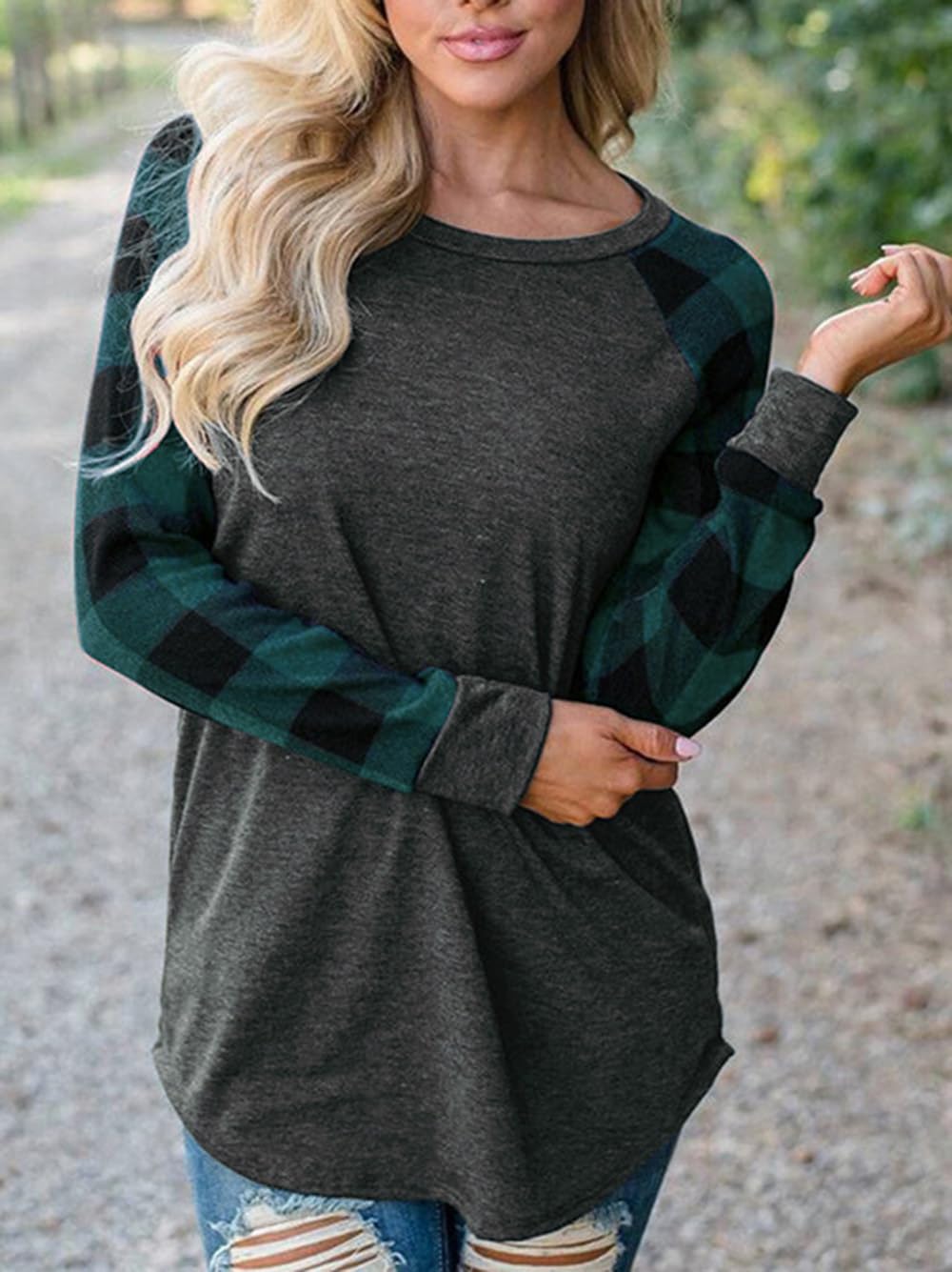 Women's Long Sleeve Plaid Tops Casual Buffalo Plaid Pullover Raglan Sleeve Autum
