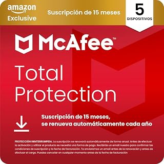 McAfee Total Protection para 5 Dispositivos 2026, 15 meses, Exclusivos de Amazon | Antivirus, VPN, software de seguridad | Suscripción con renovación automática | Descargar