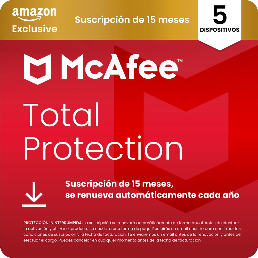 McAfee Total Protection para 5 Dispositivos 2026, 15 meses, Exclusivos de Amazon