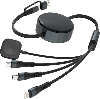 Retractable Multi Charging Cable for Apple Watch - 100W Retractable 4-in-1 Multi Charging Cable with USB-C, Lightning, Micro USB & iWatch Port, Portable Travel Charger Cord for iPad, iPhone, Android