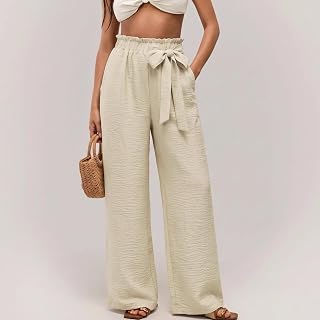 Women's Wide Leg Pants with Ruffled Elastic Waist and Bow Tie