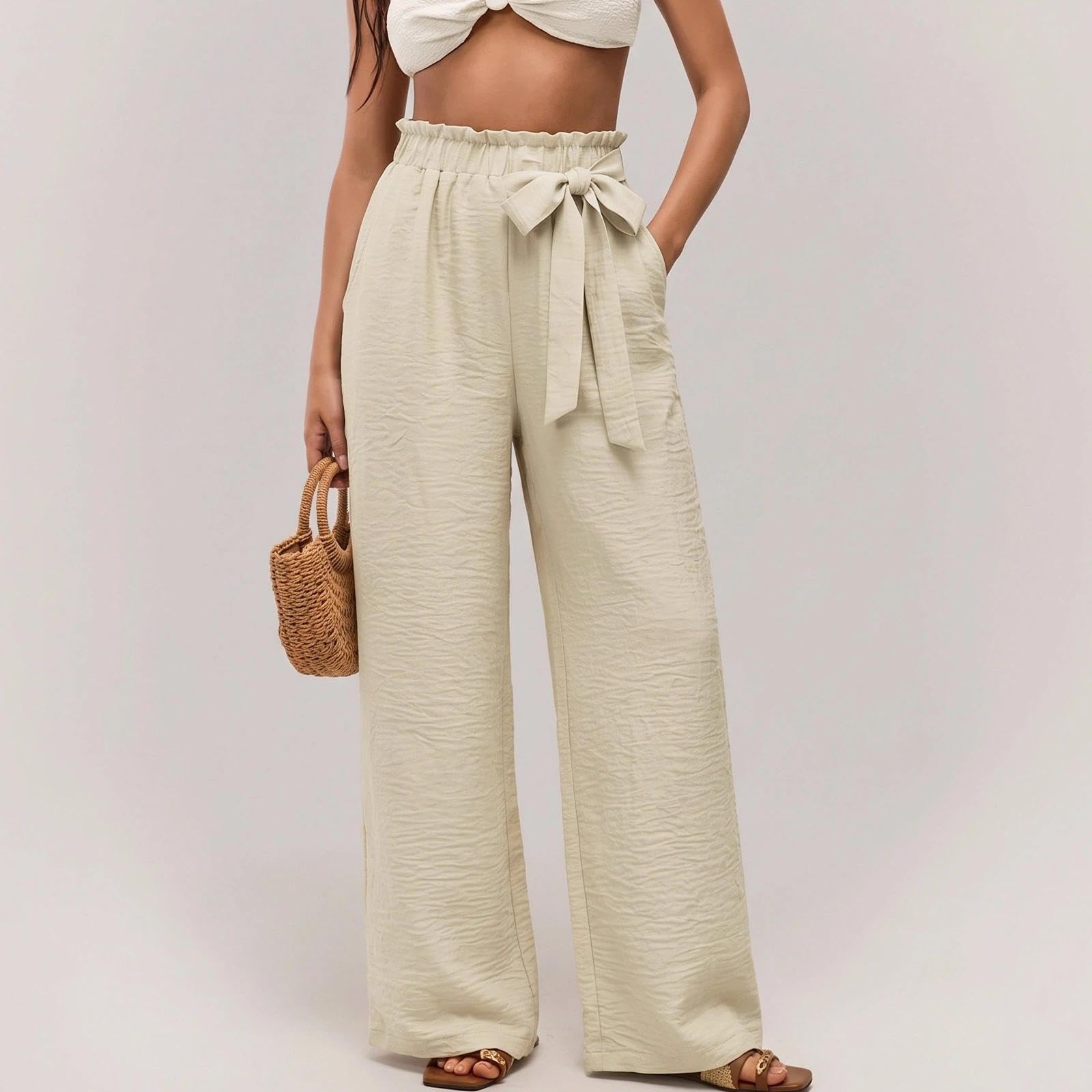 Women's Wide Leg Pants with Ruffled Elastic Waist and Bow Tie