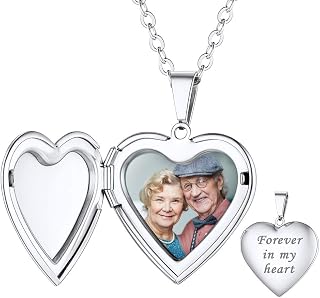 Custom4U Personalized Heart Locket Necklace with Pictures,Sunflower/Angel Wings/Heart Shaped Lockets Custom Photo,Gold/Rose Gold/White Lockets That Holds Picture,Customized Memorial Jewelry for Women