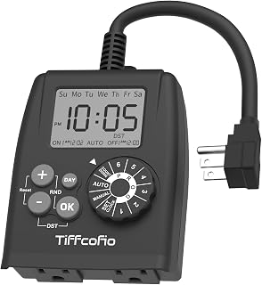 TiFFCOFiO Digital Outdoor Timer Outlet, Waterproof Plug in Light Timer | Dial Programmable Method,2 Grounded Electrical Outlets for Christmas LIghts, 6 Sets of Programs, 15A/1875W