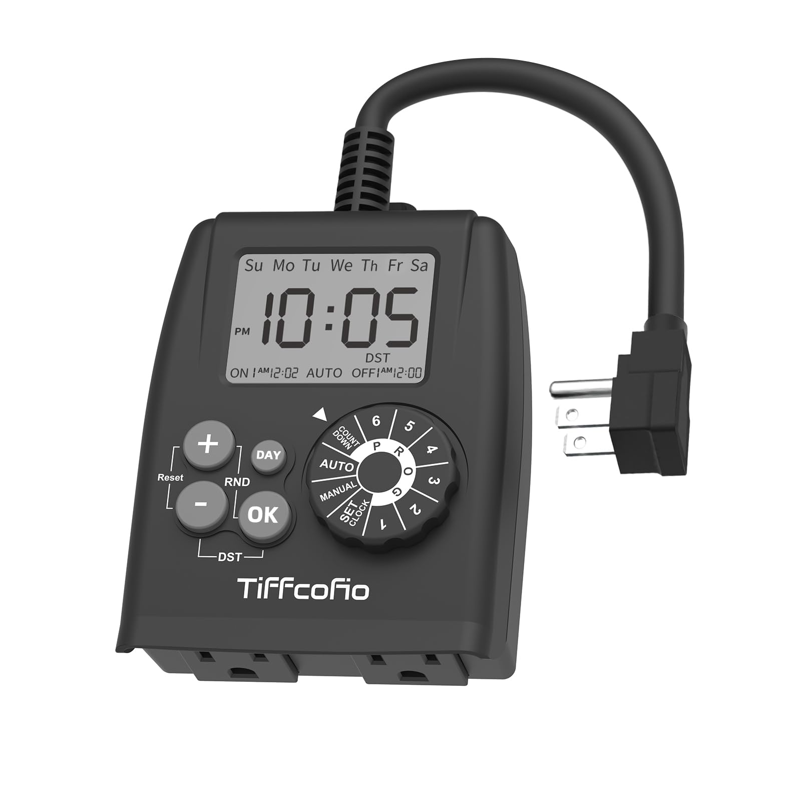 TiFFCOFiO Digital Outdoor Timer Outlet, Waterproof Plug in Light Timer | Dial Pr