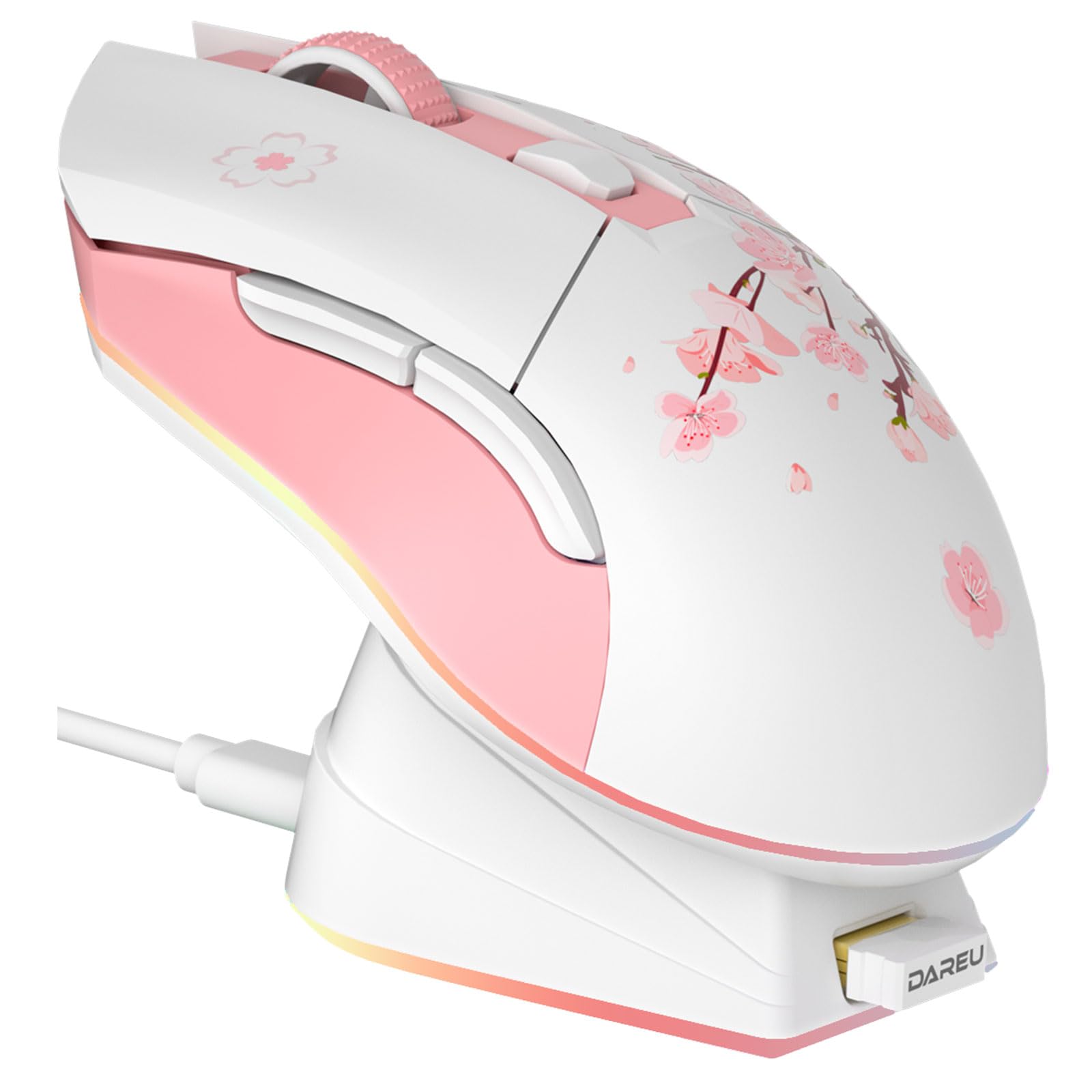 DAREU Sakura Pink Wireless Gaming Mouse with Charging Dock Rechargeable RGB,12K 