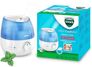 Vicks Mini Cool Mist Ultrasonic Humidifier - 1.6L Tank | Home Use in Bedrooms, Offices, Nurseries - Rooms up to 15m2 - Quiet Operation - Essential Oil Pads Included - VUL525
