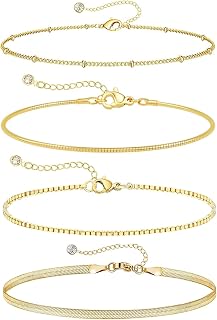 Dainty Gold Bracelets for Women Waterproof, Stackable 14K Gold Plated Waterproof Rope Cuban Snake Paperclip Figaro Link Chains, Non Tarnish Jewelry Set Gifts