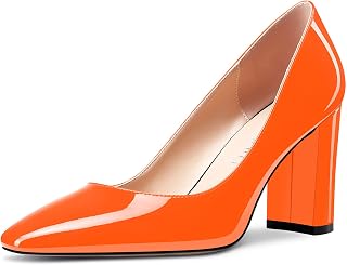NobleOnly Women's High Chunky Block Heel Square Closed Toe Cap Slip-on Pumps Classic Cute Dress Shoes