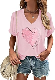 Woffccrd T-shirt da donna a maniche corte con scollo a V, per San Valentino, primaverile, maglietta con grafica a cuore