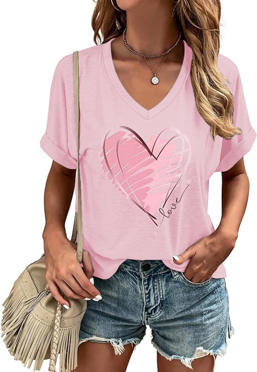 Woffccrd T-shirt da donna a maniche corte con scollo a V, per San Valentino, pri