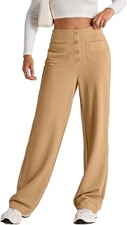 EVALESS Womens High Waist Button Stretchy Work Pants Straight Leg Office Dress Pant Business Casual Trousers with Pocket