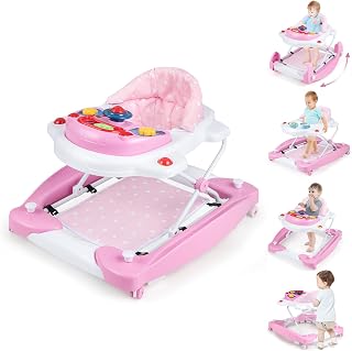 BABY JOY 6-in-1 Baby Walker, Foldable Baby Walker with Wheels, Adjustable Height, Music, Lights, Bouncer &amp; Rocker Mode, Baby Walkers for Boys Girls 6-14 Months (Pink)