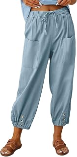 Women's Capri Pants High Waist Drawstring Cinch Bottom with Button Cotton Loose Casual Trouser with Pockets