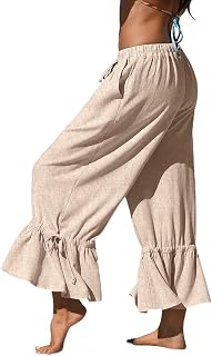 TARSE Womens Linen Wide Leg Pants Ruffled Casual Drawstring with Pockets