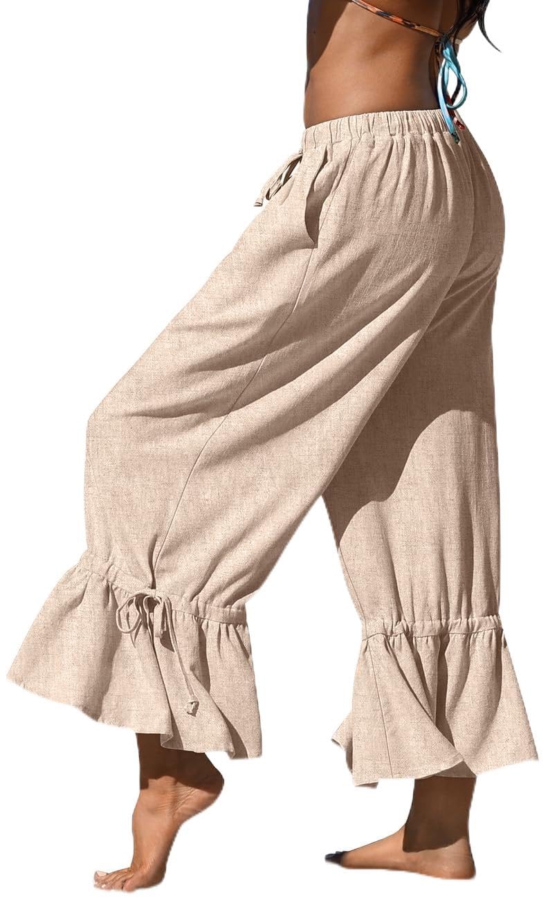 TARSE Womens Linen Wide Leg Pants Ruffled Casual Drawstring with Pockets