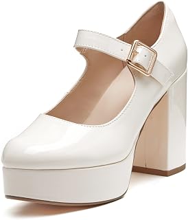 Coutgo Mary Jane Women's T-Strap Round Toe Chunky Heel Platform Shoes