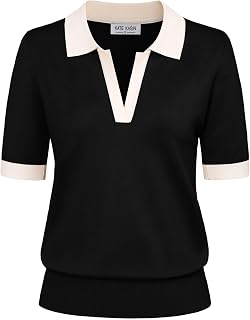 Kate Kasin Womens Short Sleeve V Neck Polo Shirt Casual Ribbed Knit Top