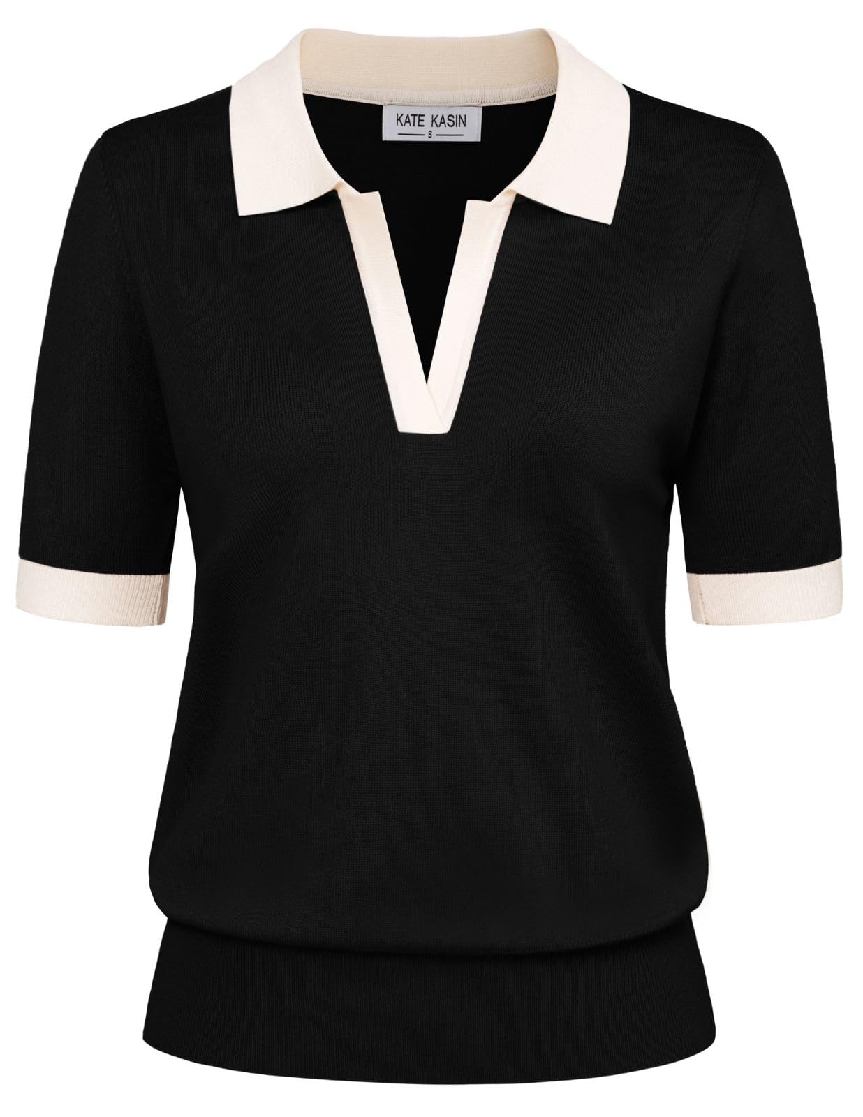 Kate Kasin Womens Short Sleeve V Neck Polo Shirt Casual Ribbed Knit Top
