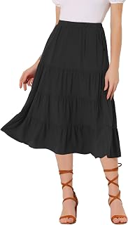 Allegra K Women's Midi Skirts Tiered Pleated Elastic Waist A-Line Skirt