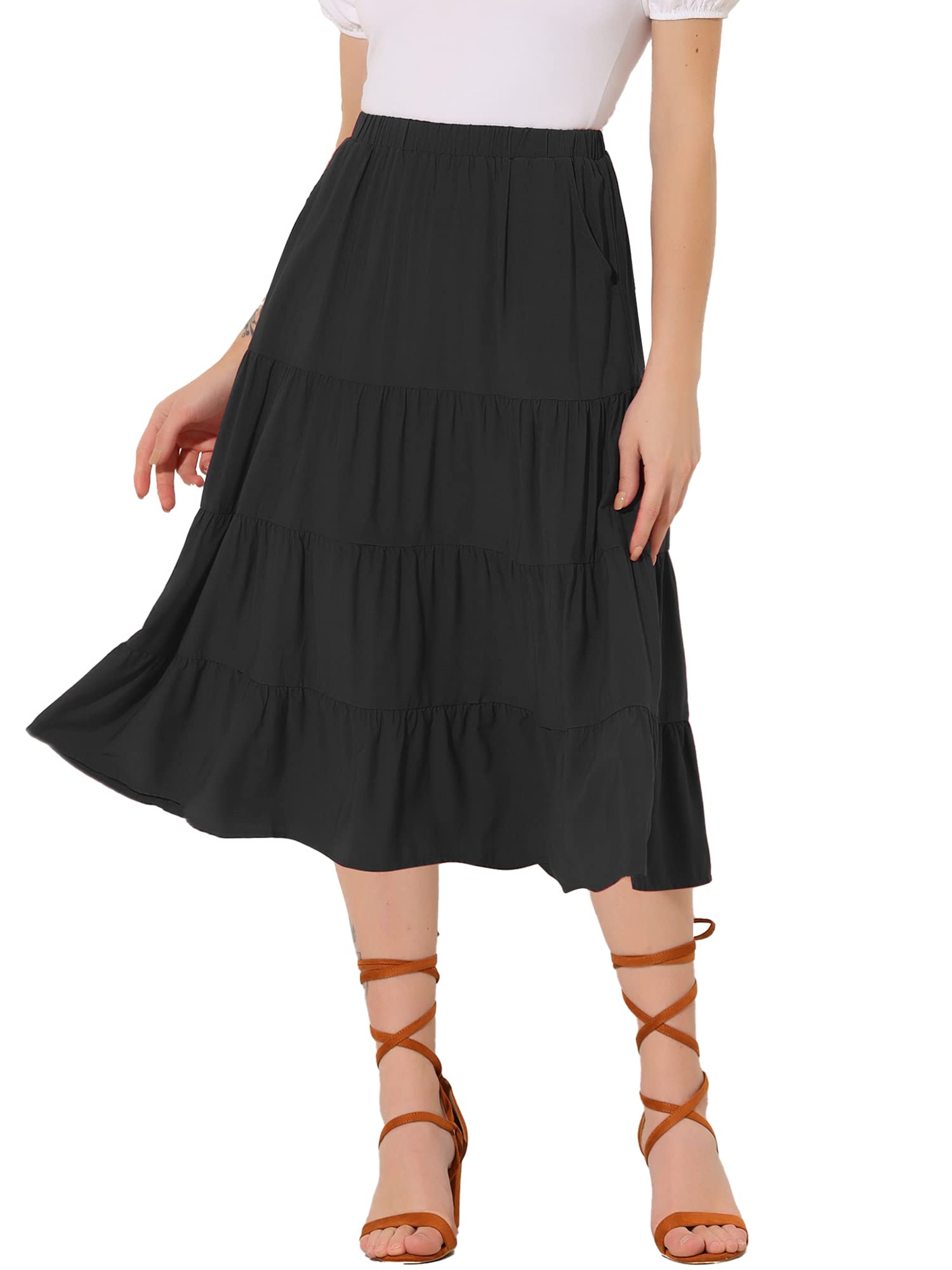 Allegra K Women's Midi Skirts Tiered Pleated Elastic Waist A-Line Skirt