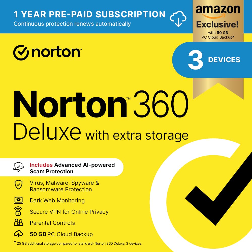 Norton 360 Deluxe with Extra Storage 2026| 25 GB Extra Cloud Backup| 3 Devices |
