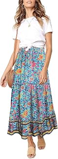 MEROKEETY Women's Boho Floral Print Elastic High Waist Pleated A Line Maxi Skirt