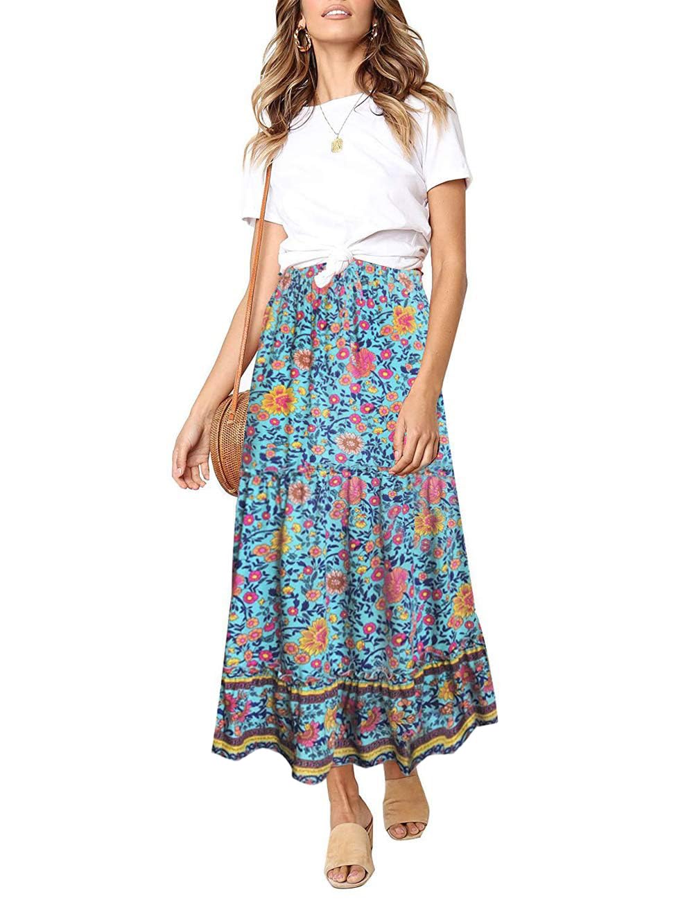 MEROKEETY Women's Boho Floral Print Elastic High Waist Pleated A Line Maxi Skirt