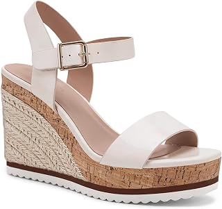 Coutgo Sandalias de cuña con correa al tobillo para mujer, Crema, 41 EU