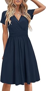 STYLEWORD Women Summer Dress Short Sleeve Summer Dress V Neck Floral Wrap Waist Casual Dress with Pockets