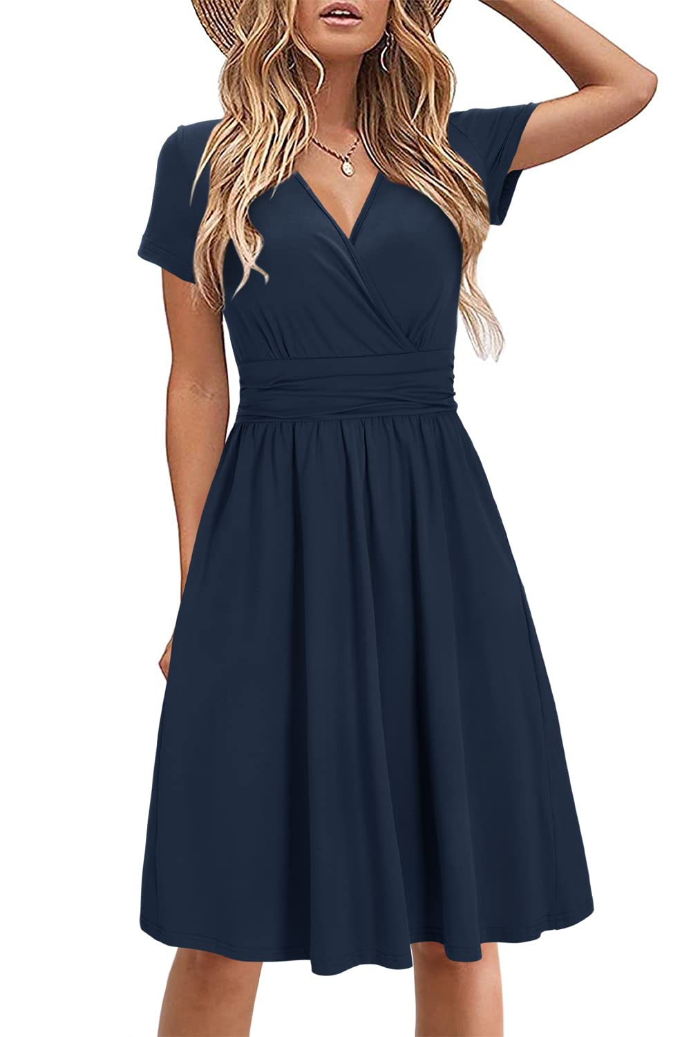 STYLEWORD Women Summer Dress Short Sleeve Summer Dress V Neck Floral Wrap Waist 